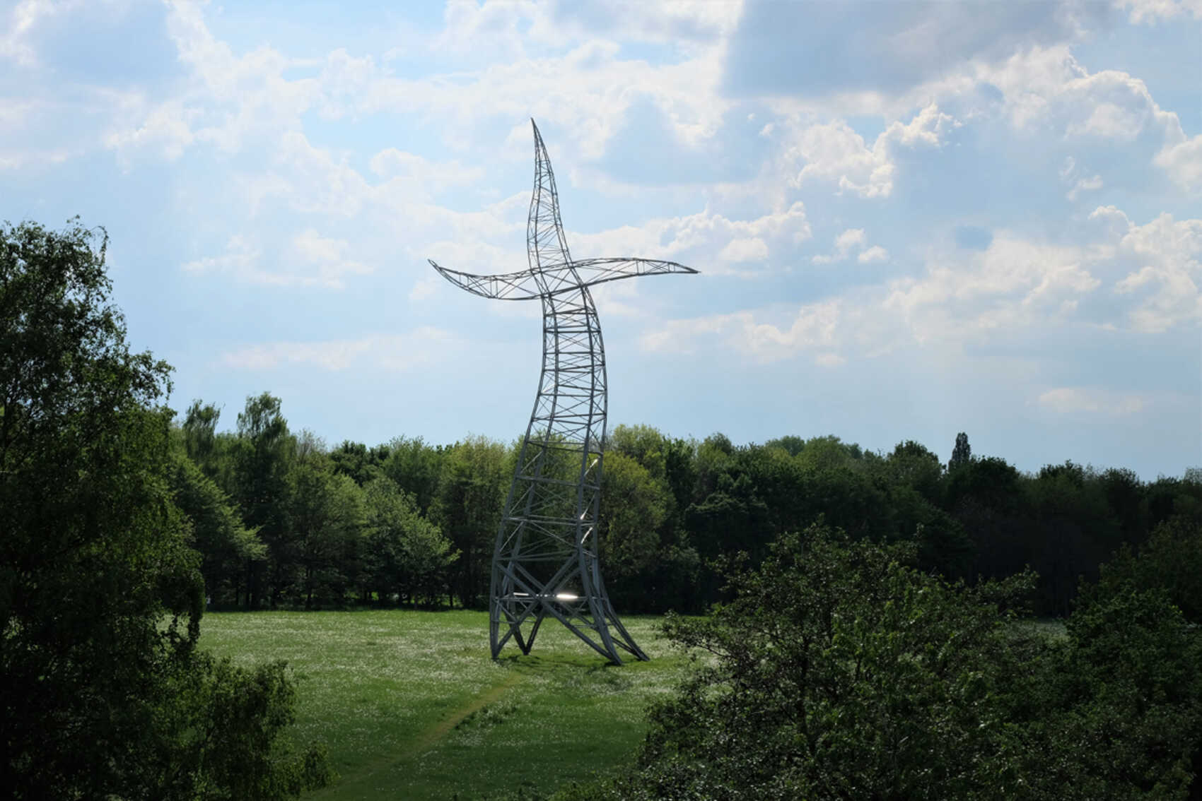 Stahlskulptur der Zauberlehrling, ein tanzender Strommast, auf einer Wiese stehend