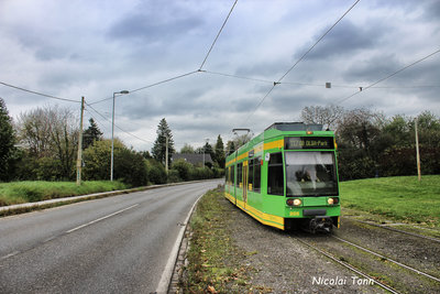 Eine Straßenbahn der STOAG die auf Gleisen neben der Straße fährt