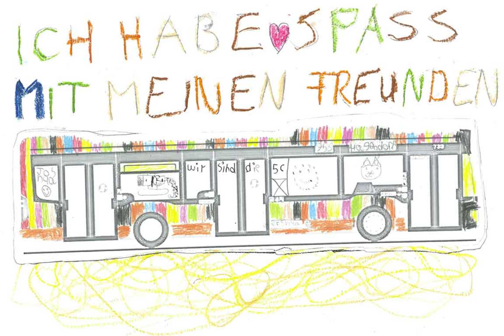 Bunt gemaltes Bild mit einem Bus und der Aufschrift: „Ich habe Spaß mit meinen Freunden“