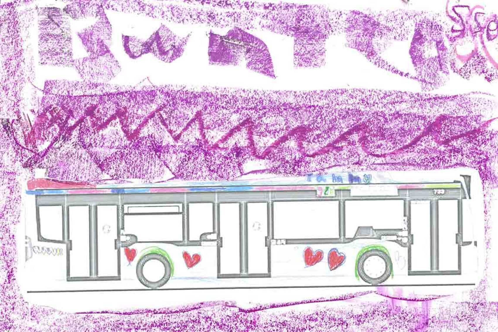 Gemaltes Bild mit einem Bus im Vordergrund und einem pinken Hintergrund