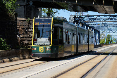 Railcar 1530 on the local public transport route at the level of the Blue Bridge